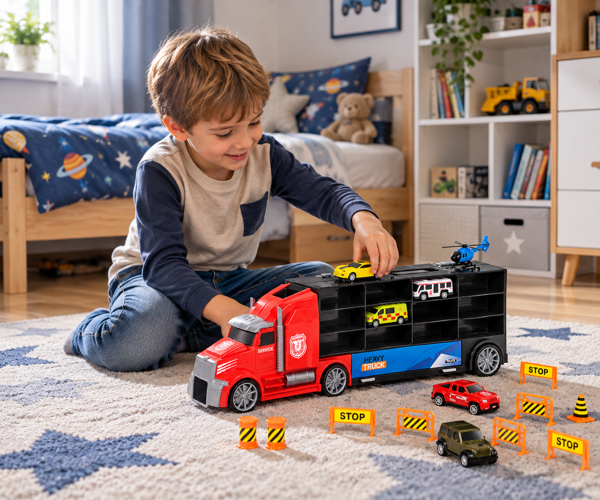 DIE-CAST CAR žaislinis sunkvežimis-lagaminas su automobiliais ir priedais