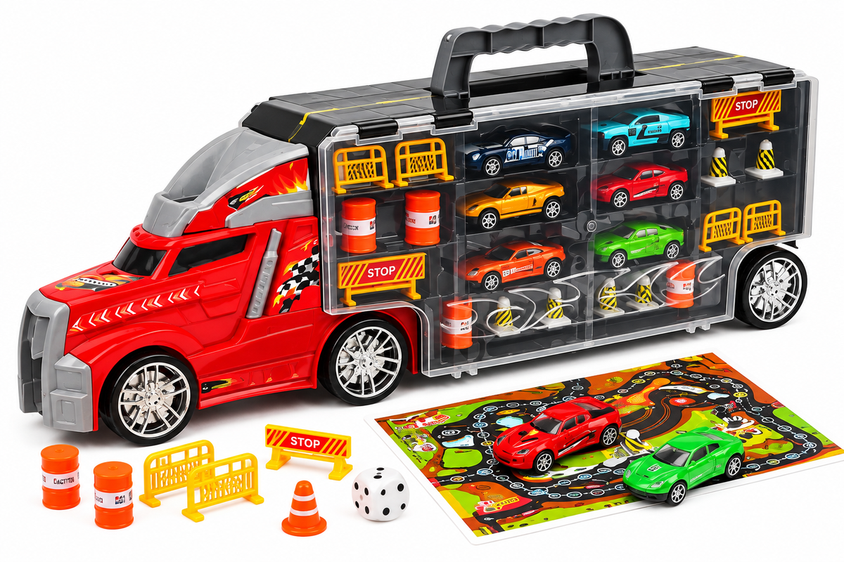 DIE-CAST CAR žaislinis sunkvežimis-lagaminas su automobiliais ir priedais
