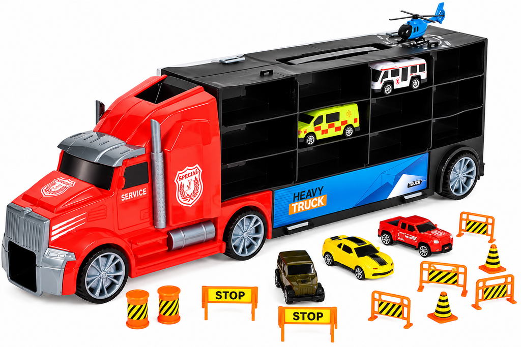 DIE-CAST CAR žaislinis sunkvežimis-lagaminas su automobiliais ir priedais
