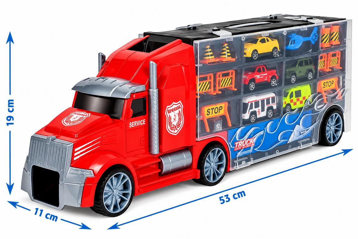 DIE-CAST CAR žaislinis sunkvežimis-lagaminas su automobiliais ir priedais