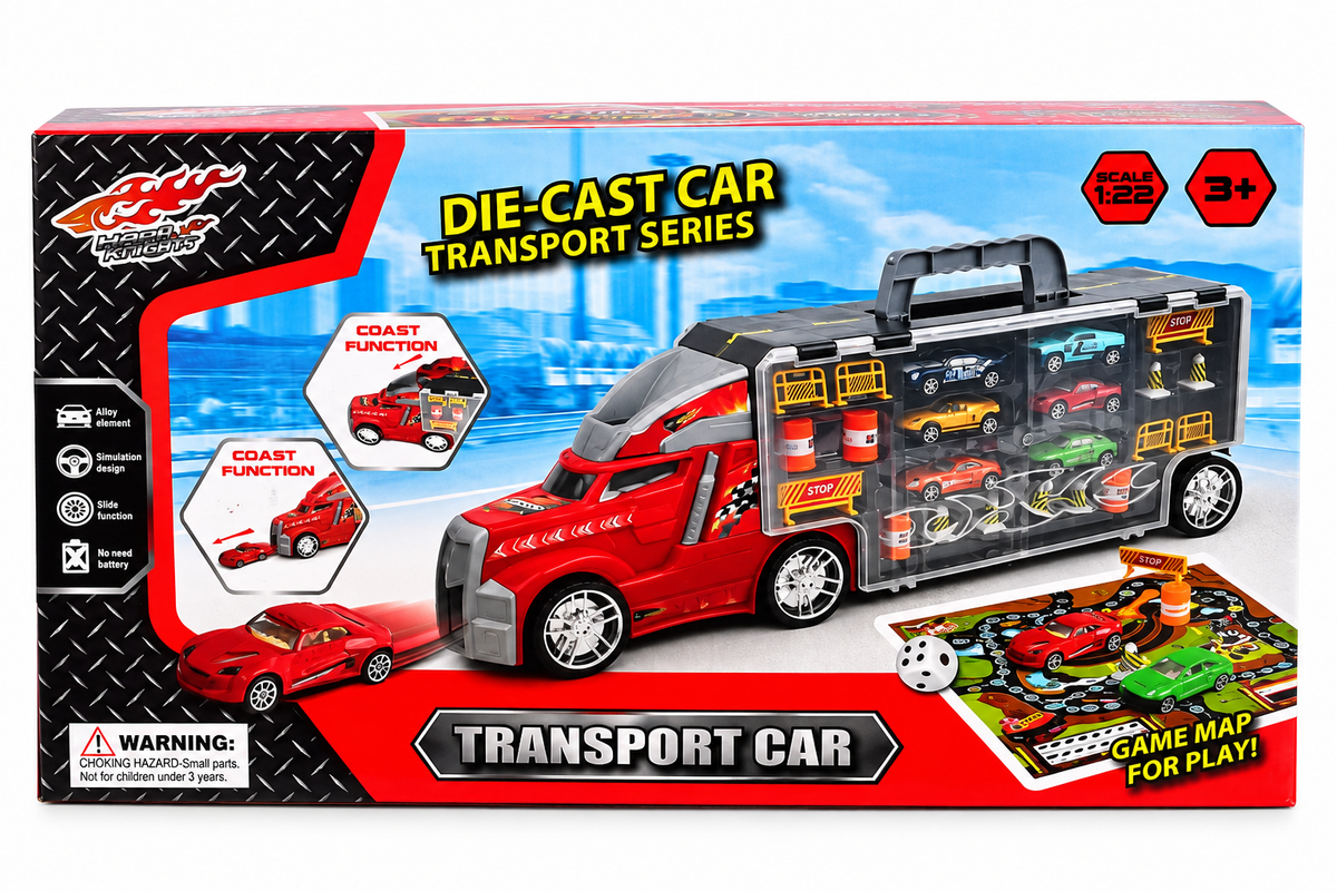 DIE-CAST CAR žaislinis sunkvežimis-lagaminas su automobiliais ir priedais